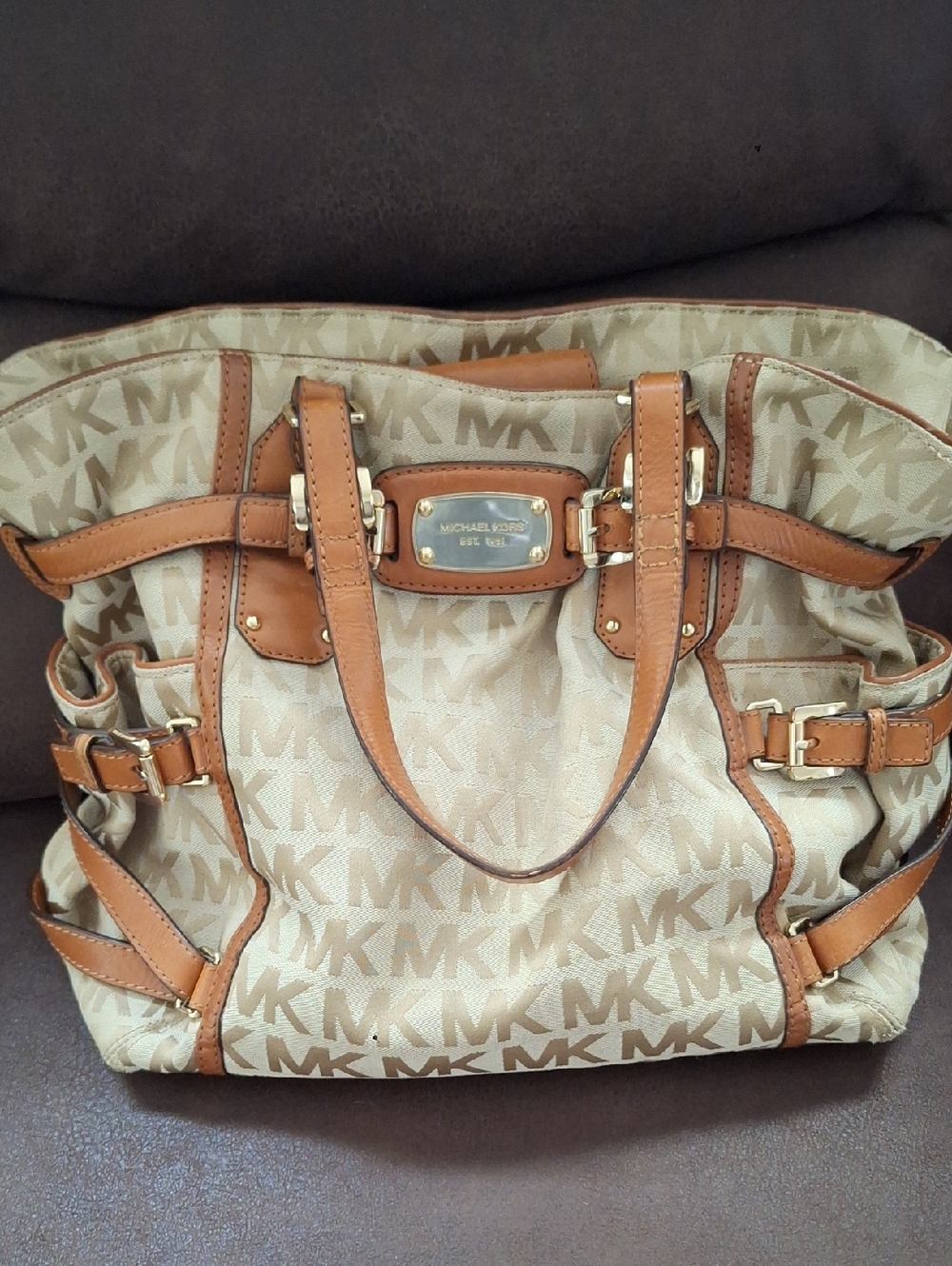 Michael Kors Beige and Tan MK Monogram Tote